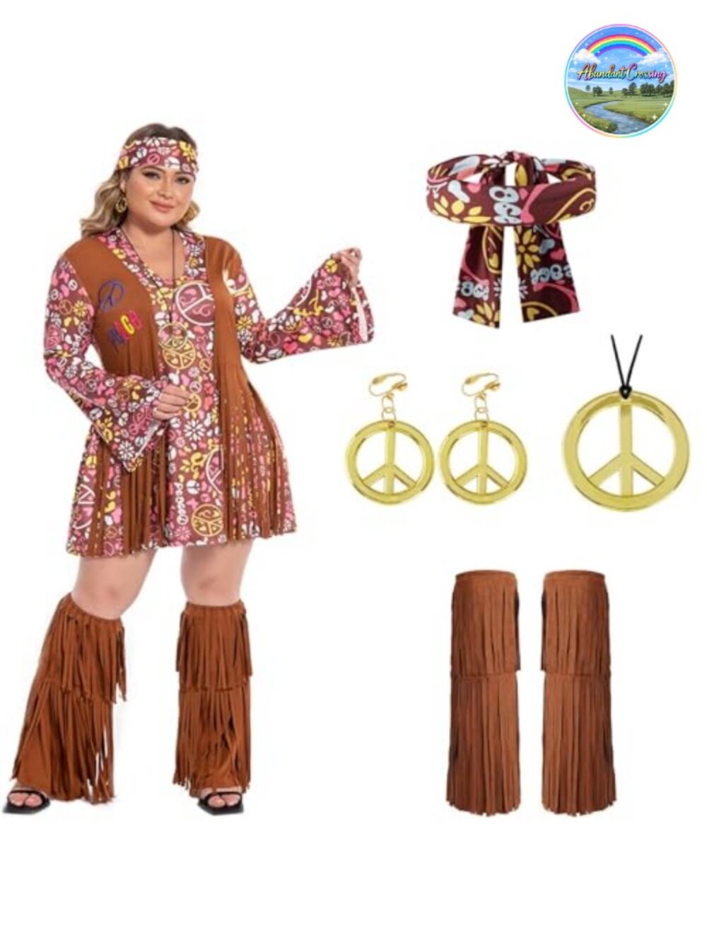 70s Hippie Costume Set 5 Piece Plus Size Floral Dress Fringe Halloween